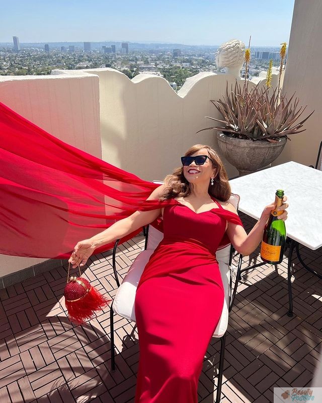 Rosie in a red dress