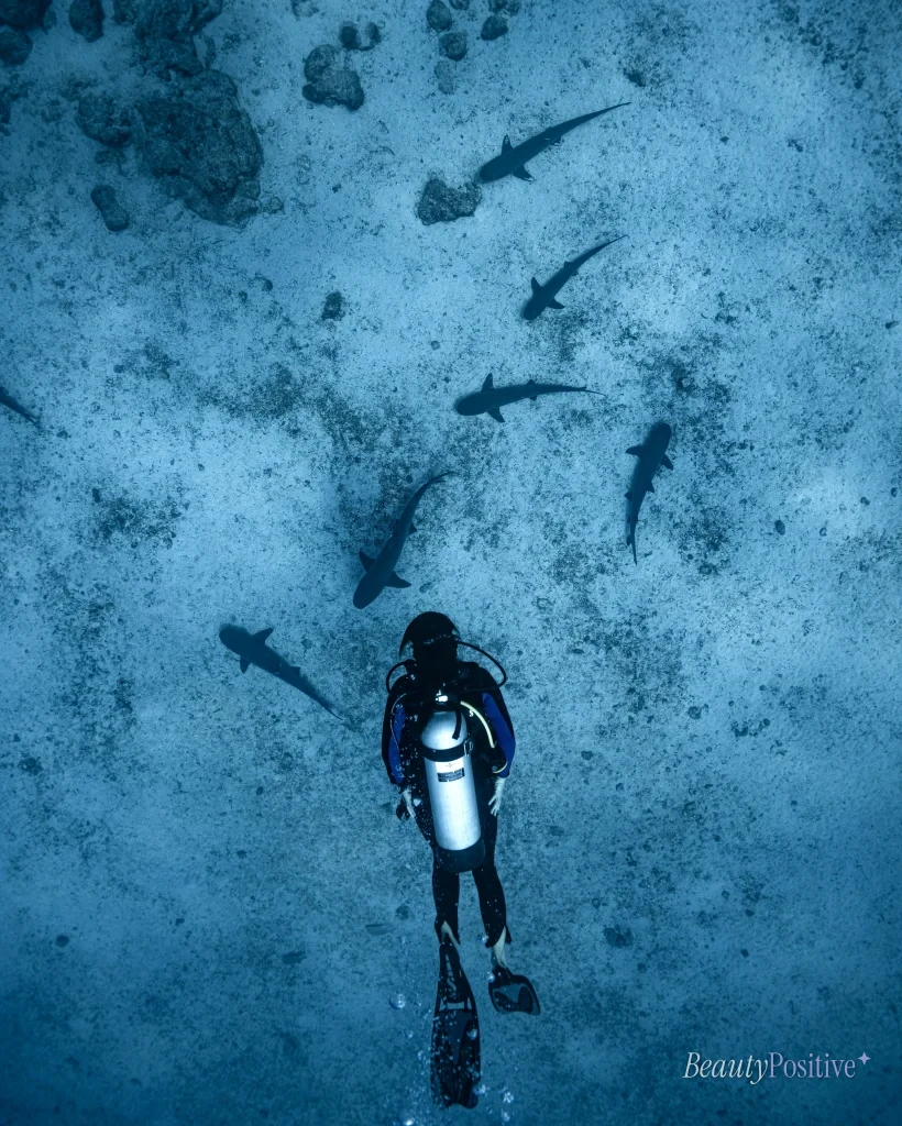 Diving near the Galápagos Islands, from her Instagram, August 2026.