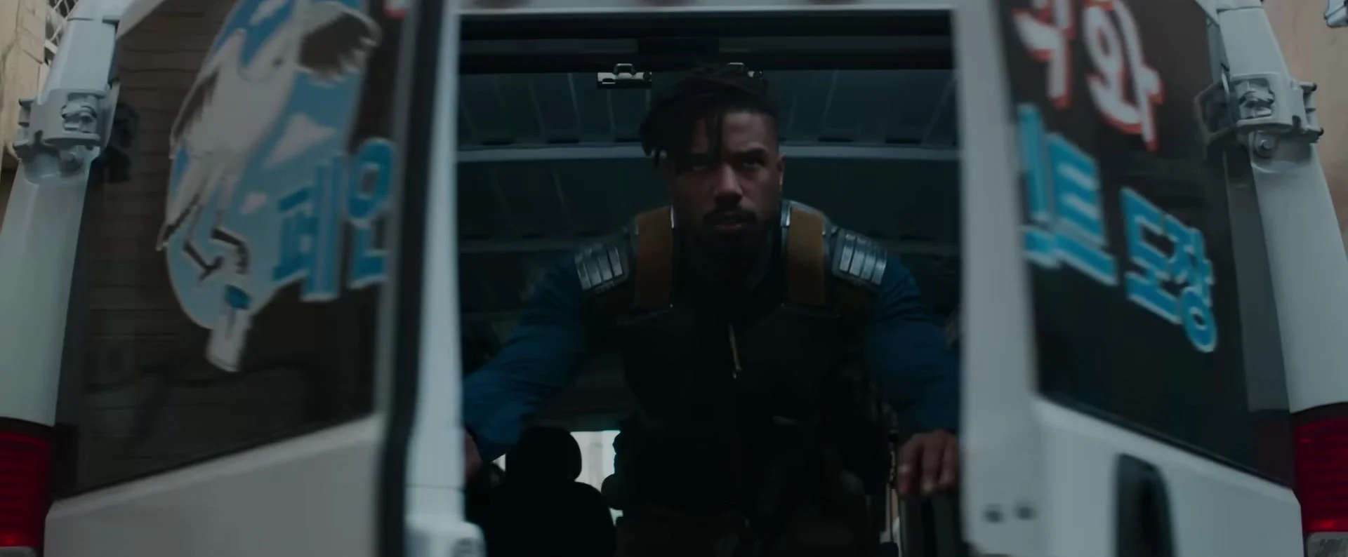 Michael B. Jordan as Erik Killmonger in the Black Panther trailer (2017), 20 pounds heavier by his own count