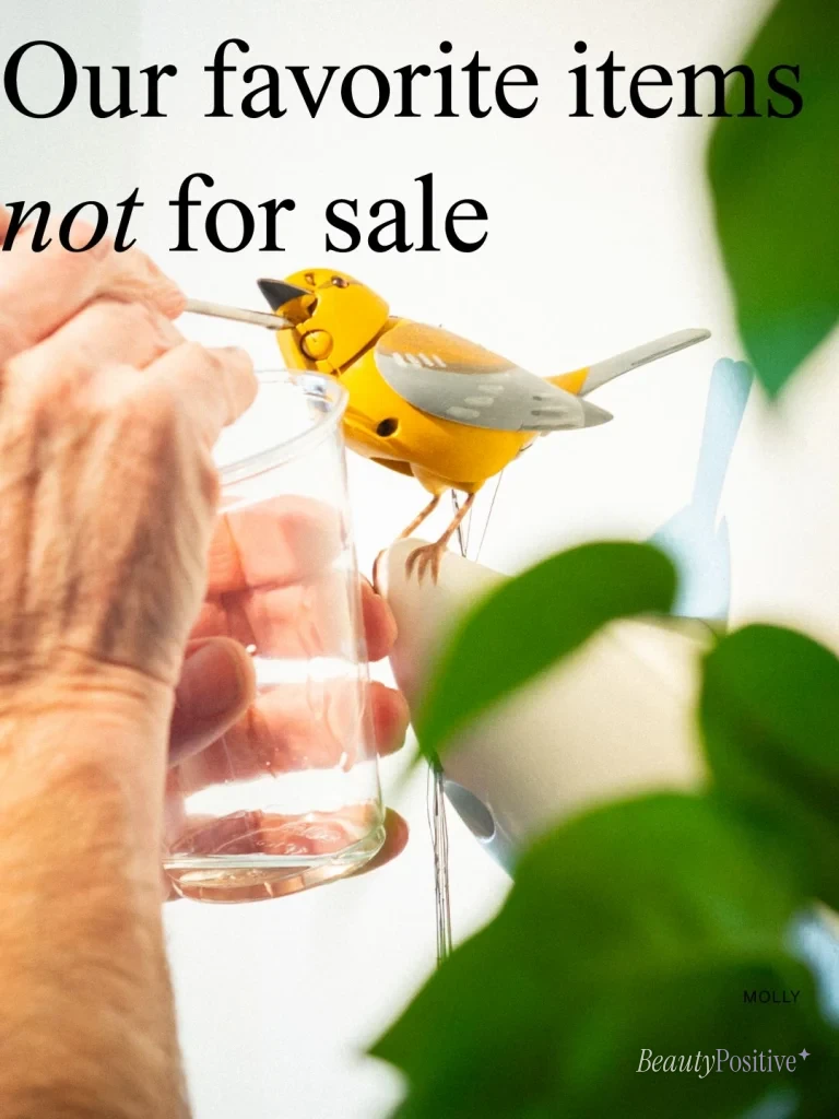 Molly, the yellow mechanical singing bird at Art of Play in Brooklyn, perched next to a glass of water