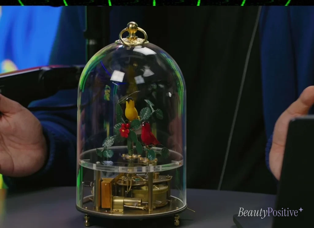 The singing-bird automaton on Torre's studio desk; the show is auctioning it as 'Kelly Clarkson's backup bird'.