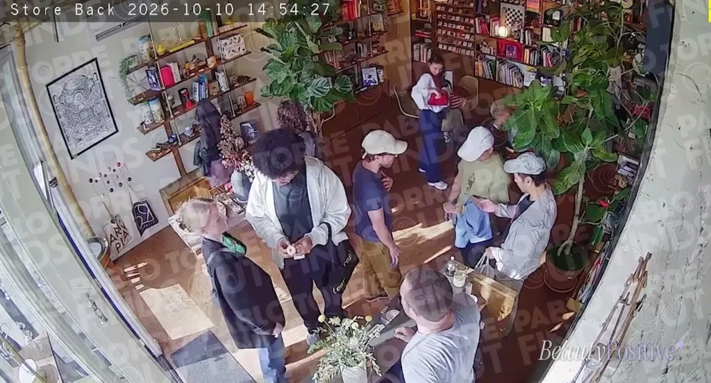 Three minutes later by the camera's clock: the group at the front of the shop before the exit.