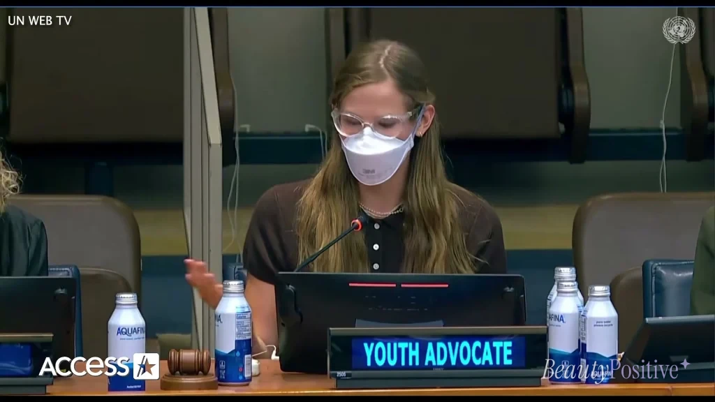 Violet Affleck at the United Nations on September 23, 2025, speaking in a mask as a youth advocate.