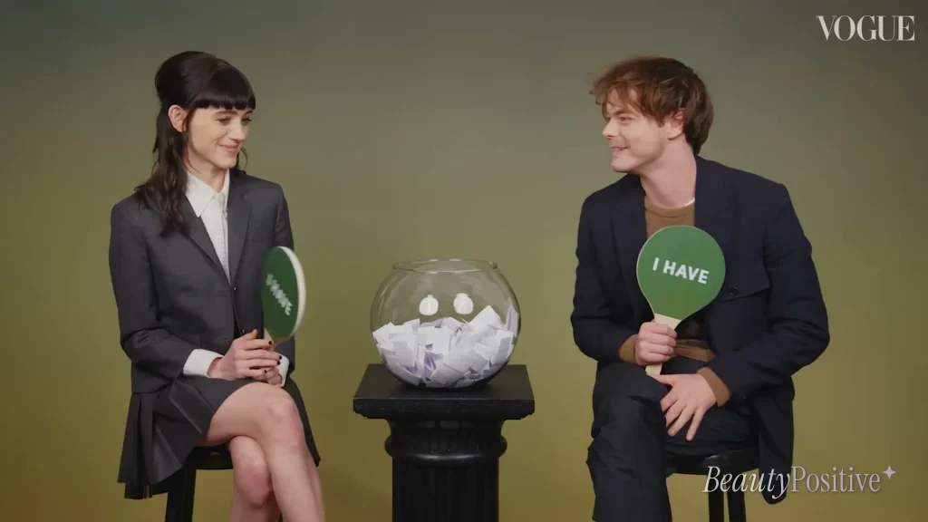 Natalia Dyer and Charlie Heaton playing Never Have I Ever for British Vogue.
